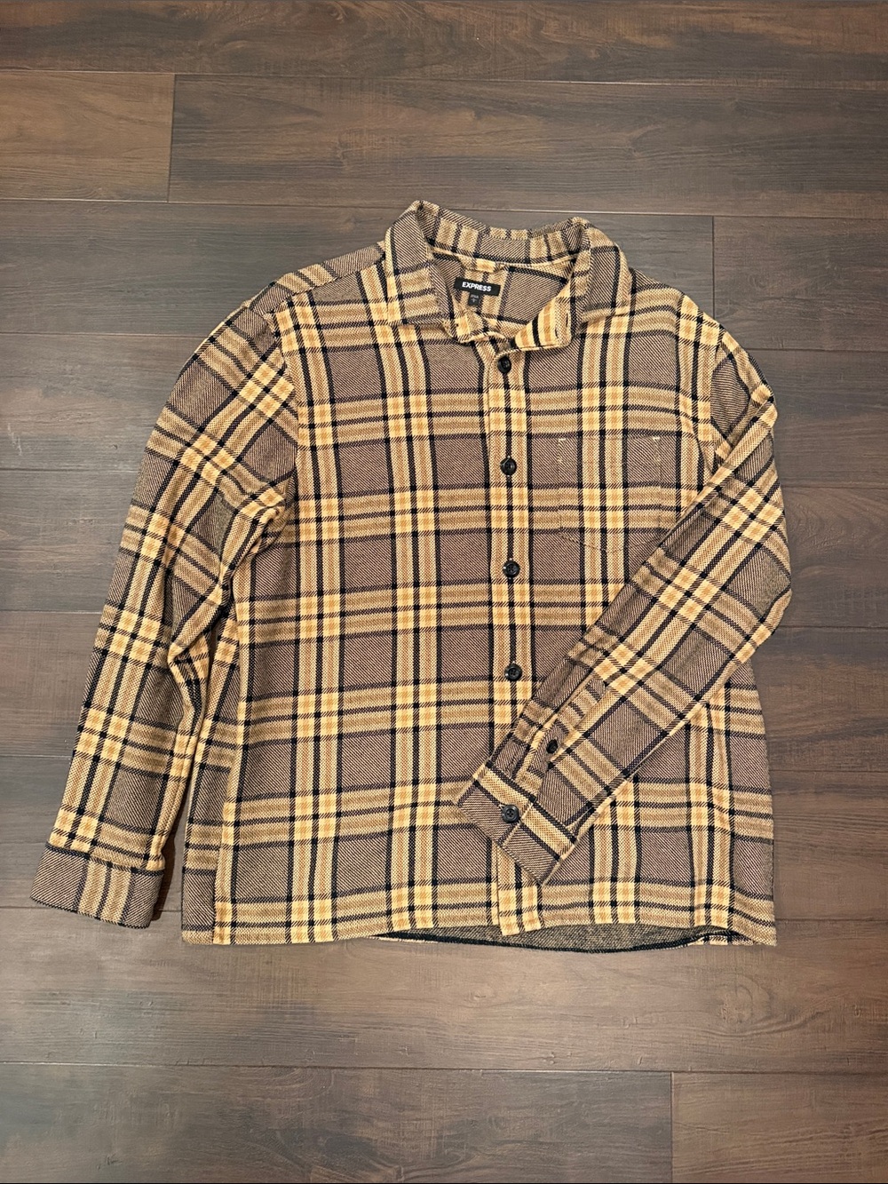 Express Men’s Brown and Yellow Plaid Button-Down Shirt